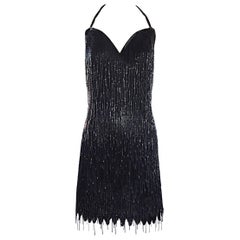 Size 10 Vintage Black Silk Beaded Fringe Flapper 1920s 20s Style Halter Dress