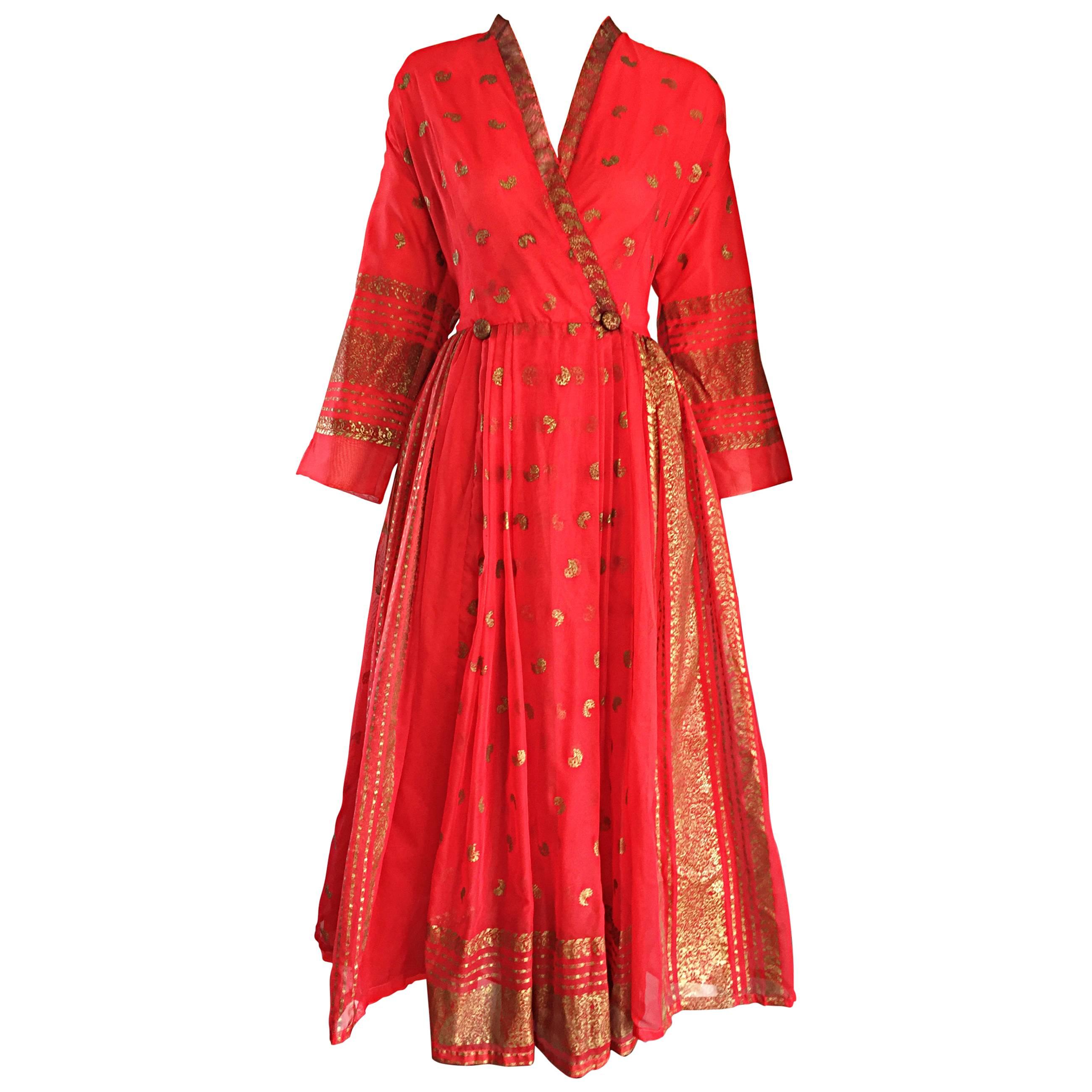 Vintage Maxan 1950s Rot und Gold Hand gemalt Seide Kimono Stil 50s Wrap Dress