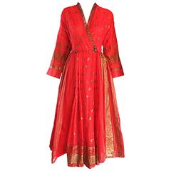 Vintage Maxan 1950 Red and Gold Hand Painted Silk Kimono Style 50s Wrap Dress 2