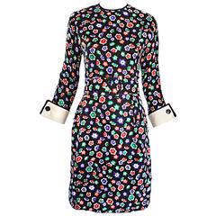Chic Vintage Geoffrey Beene 1990s 90s Long Sleeve Silk Belted Flower Dress 