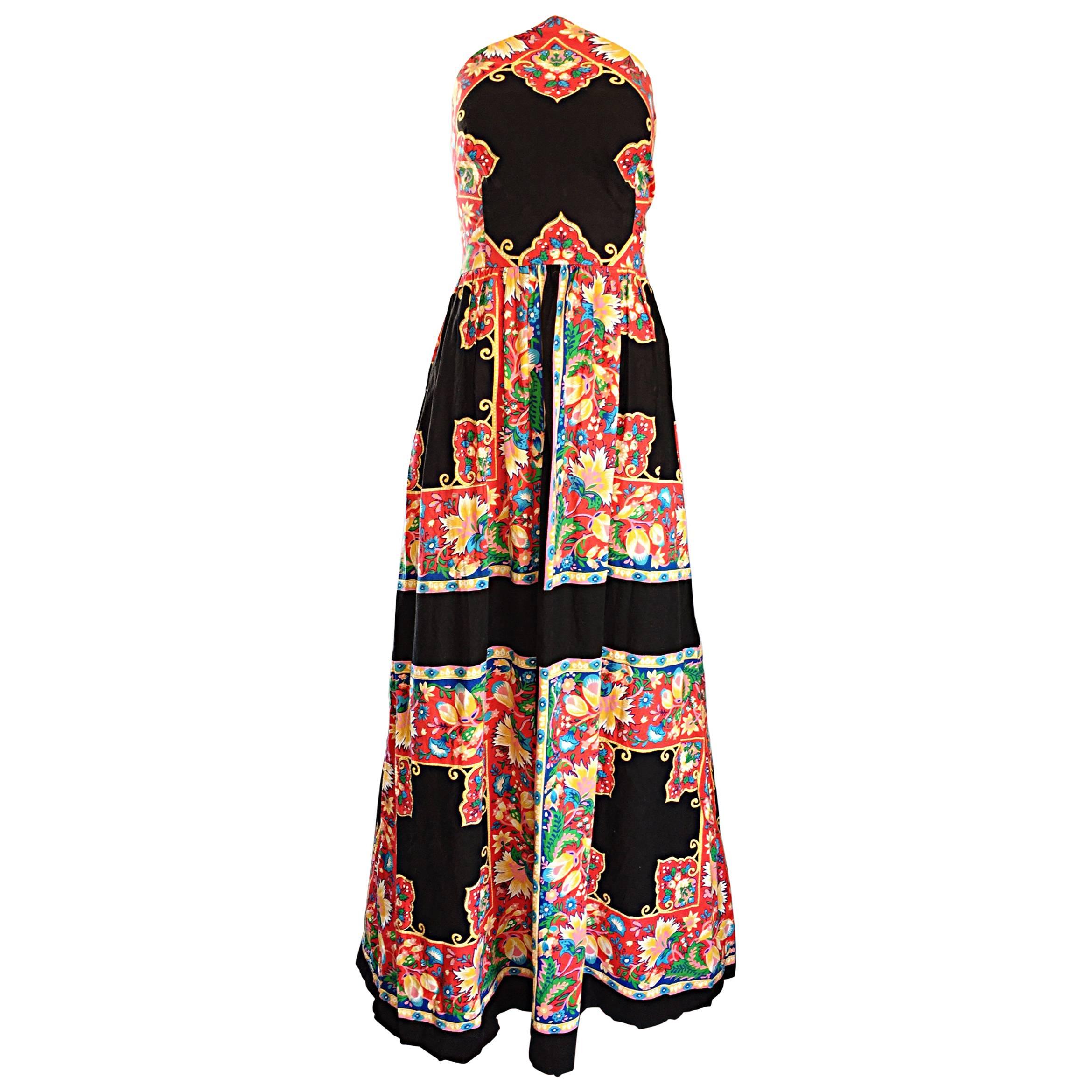 1970s Boho Vintage Handkerchief Triangular 70s Black Colorful Hippie Maxi Dress
