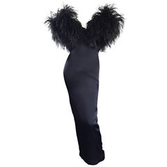 Sensational Vintage Holly's Harp 1970s Black Silk + Ostrich Feathers 70s Gown 
