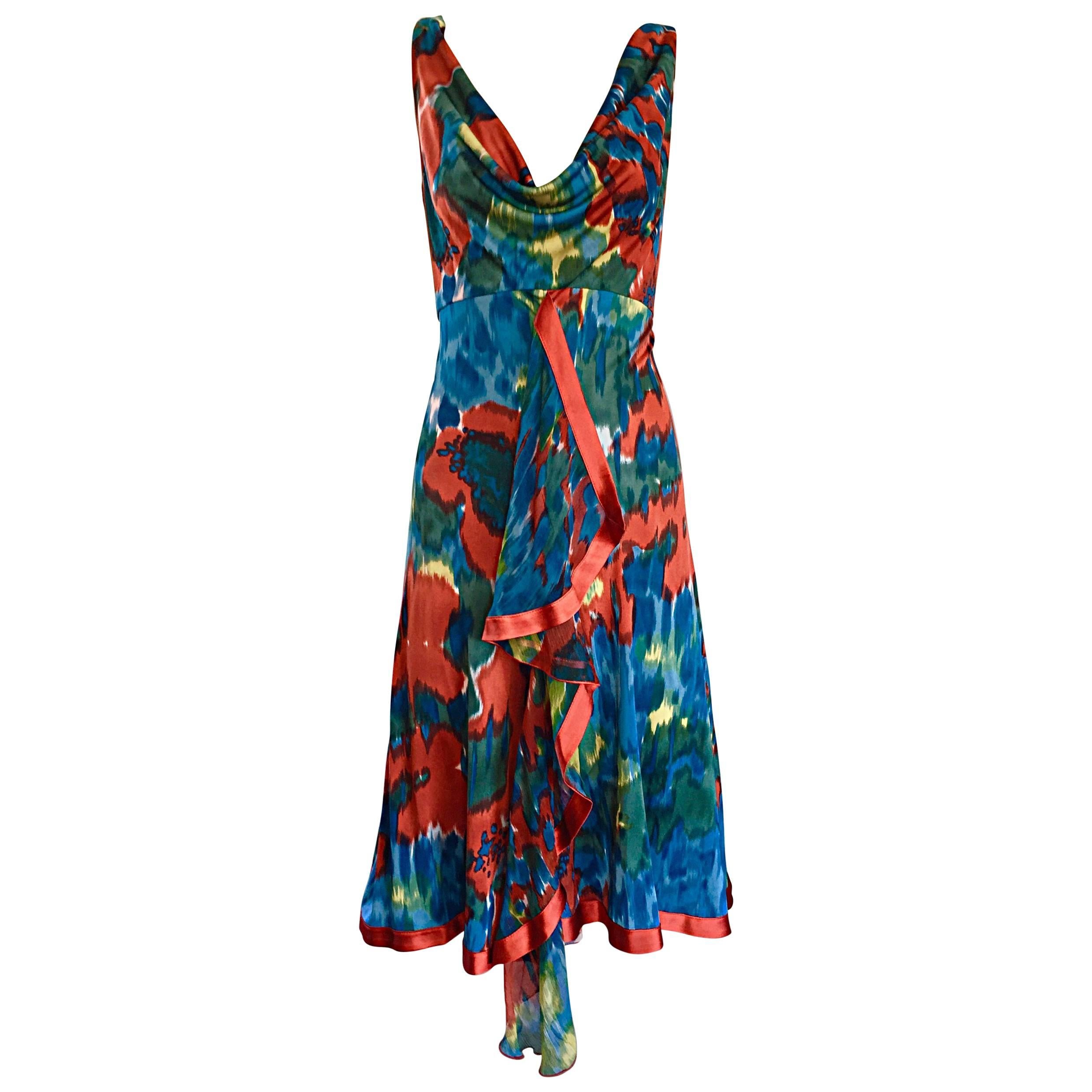 Yigal Azrouel Boho Silk Jersey Watercolor Asymmetrical Dress w/ Peek-a-Book Back For Sale