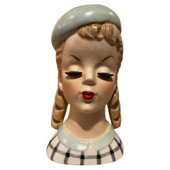 Retro 1950s Lady Head Vase with Banana Curls and Beret 