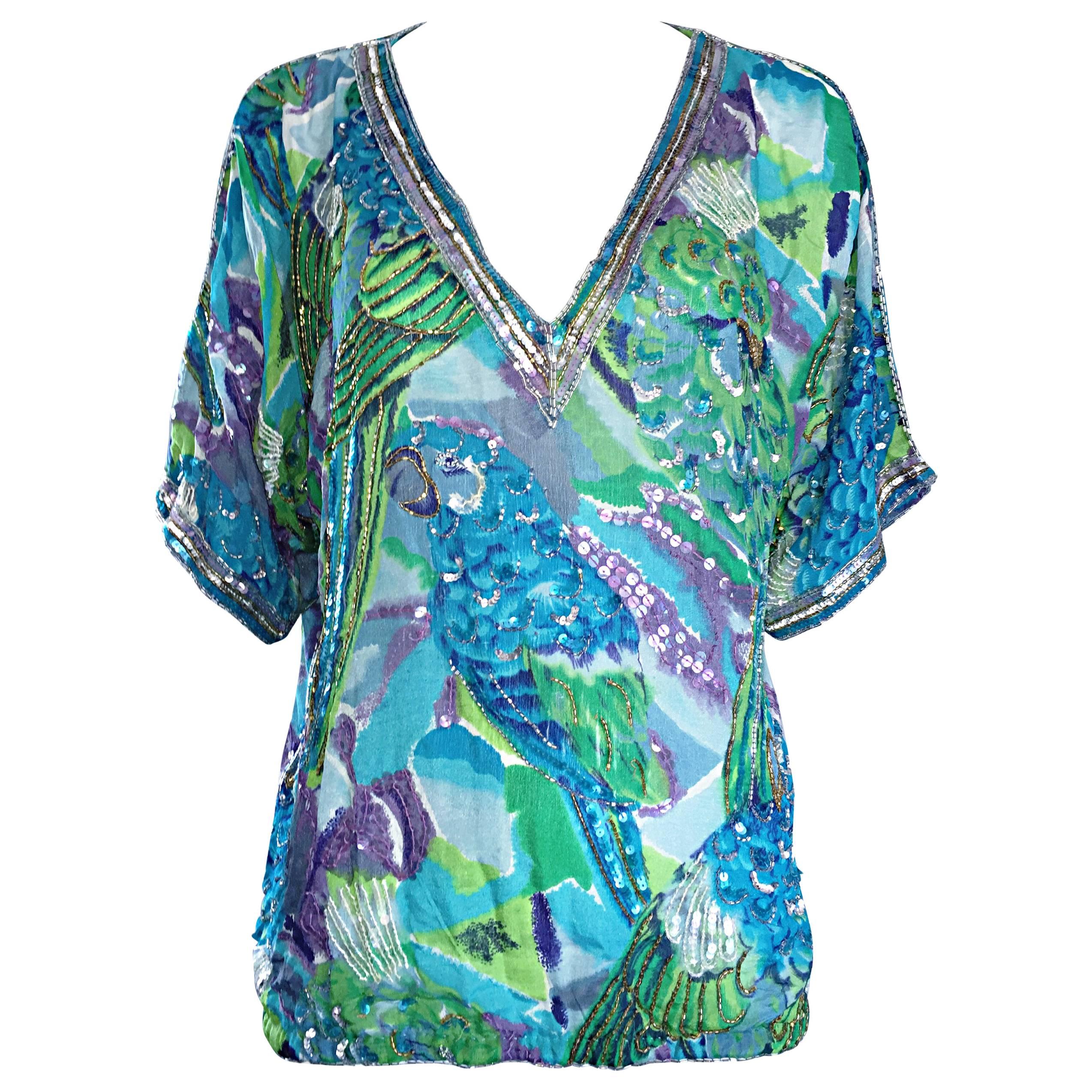 Vintage Lillie Rubin Parrot Print Sequin Silk Chiffon Boho Tropical Blouse Shirt For Sale