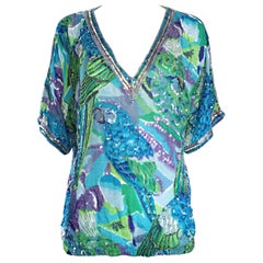 Vintage Lillie Rubin Parrot Print Sequin Silk Chiffon Boho Tropical Blouse Shirt