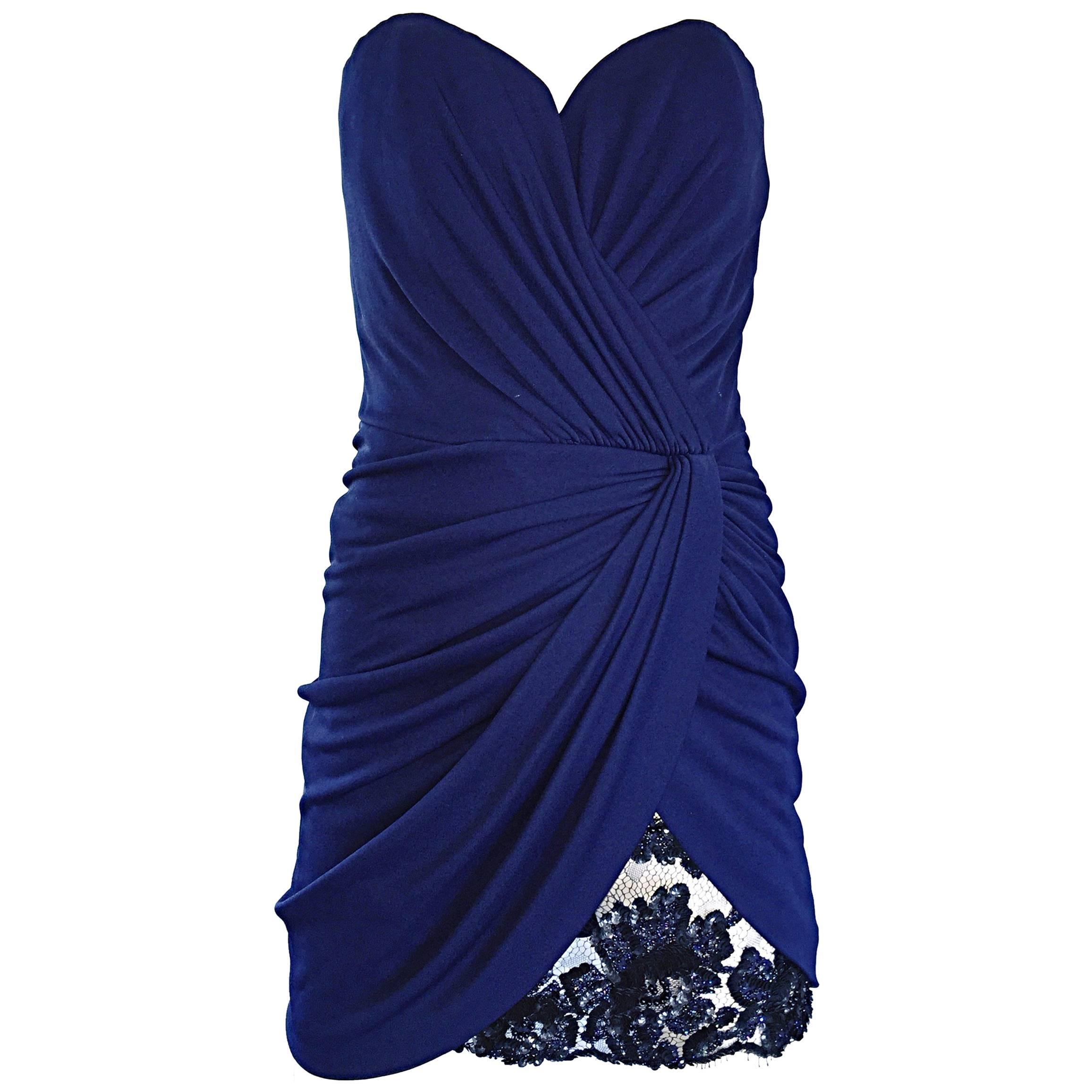 Vicky Tiel Couture Vintage Navy Blue Strapless Jersey + Lace + Sequin Sexy Dress