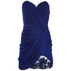 Vicky Tiel Couture - Robe sexy vintage sans bretelles en jersey + dentelle + paillettes bleu marine