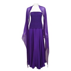 Vintage 1970's Halston Couture Purple Silk Strapless Tube-Top Maxi Dress Set