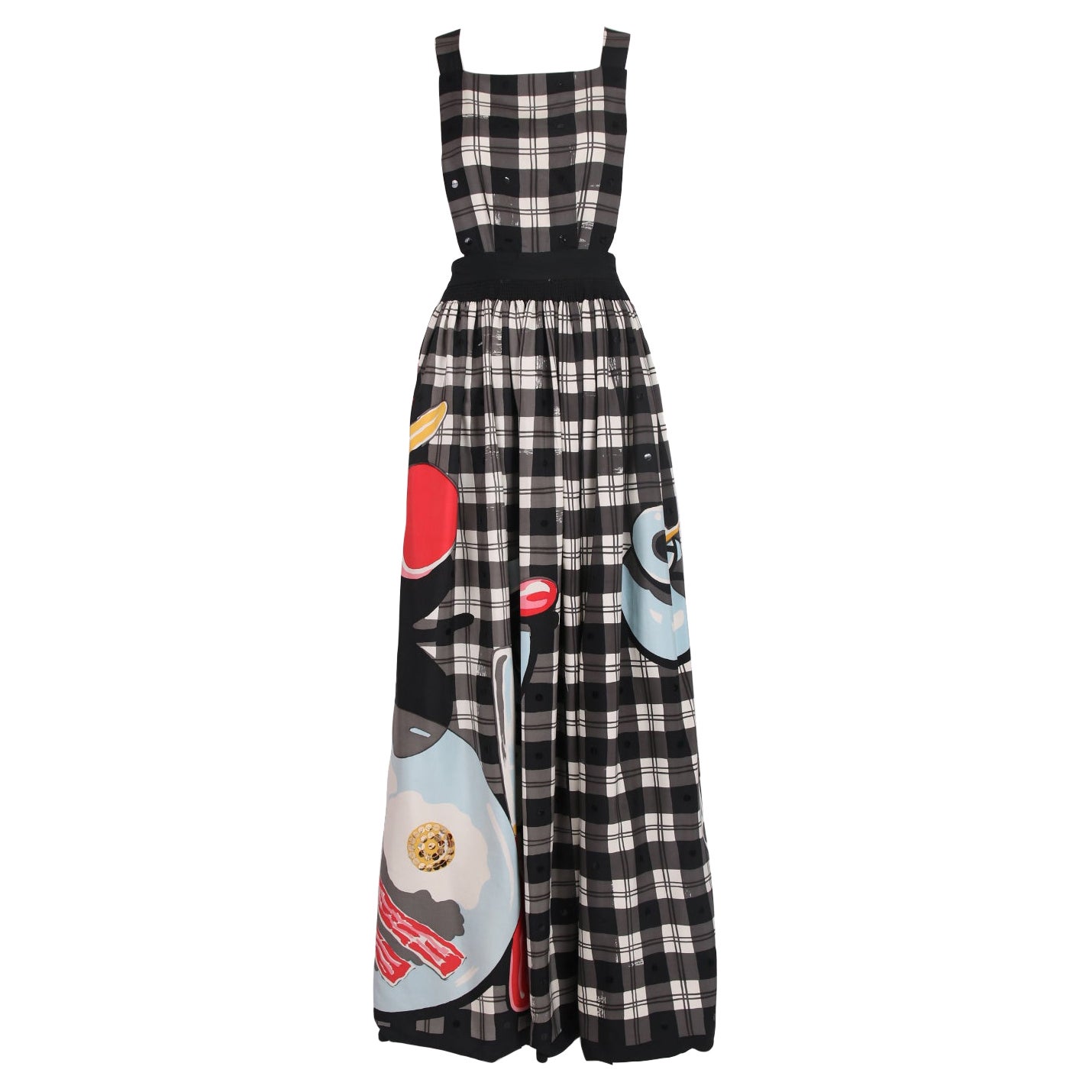 Rare 1982 S/S Michaele Vollbracht Bacon & Eggs Print Checked Pinafore Dress For Sale