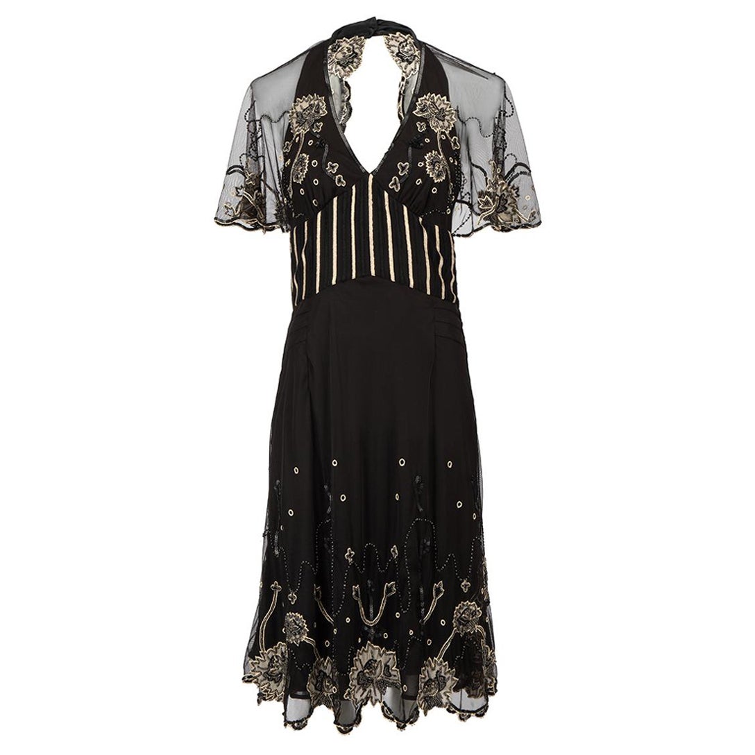 Black Floral Embellished Halterneck Knee Length Dress Size M For Sale