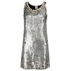 RED Valentino Silver Sequin & Beaded Sleeveless Dress Size S