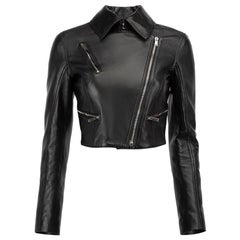 Black Lambskin Leather Cropped Biker Jacket Size XS