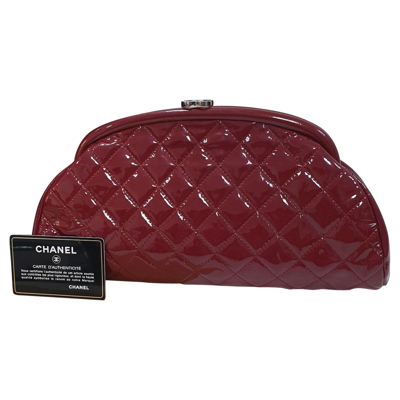2012 Chanel Black Quilted Patent Leather Classic Clutch on Chain at 1stDibs