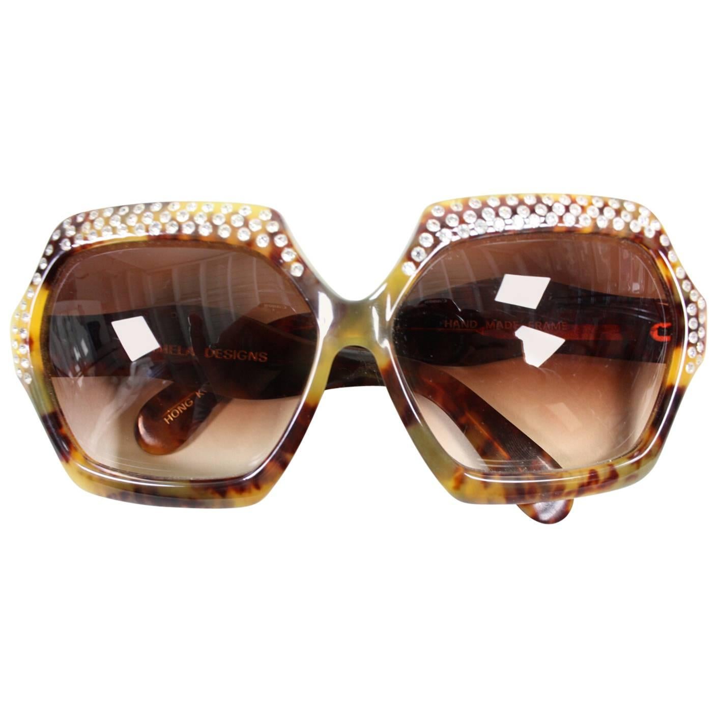 Oversized Faux Tortoise Shell Sunglasses with Rhinestones For Sale