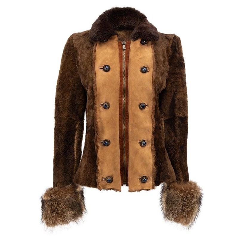 Vintage Brown Lamb Fur & Leather Jacket Size L For Sale