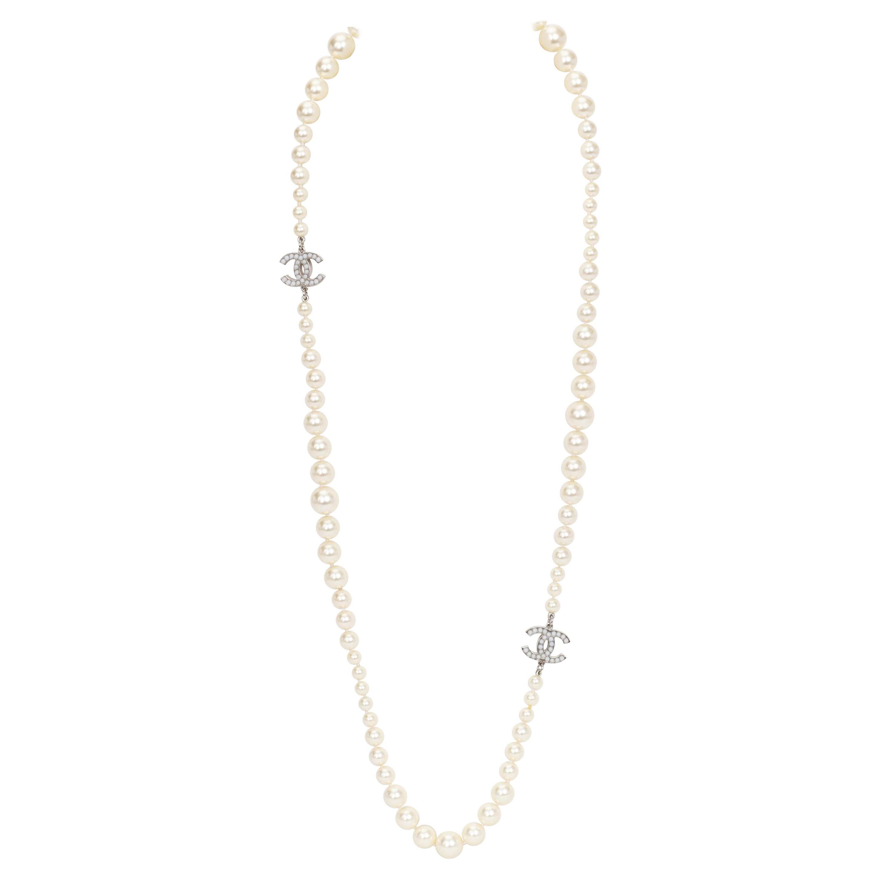 New Chanel Spring 2012 Long Pearl Strand Necklace with CC Rhinestone 