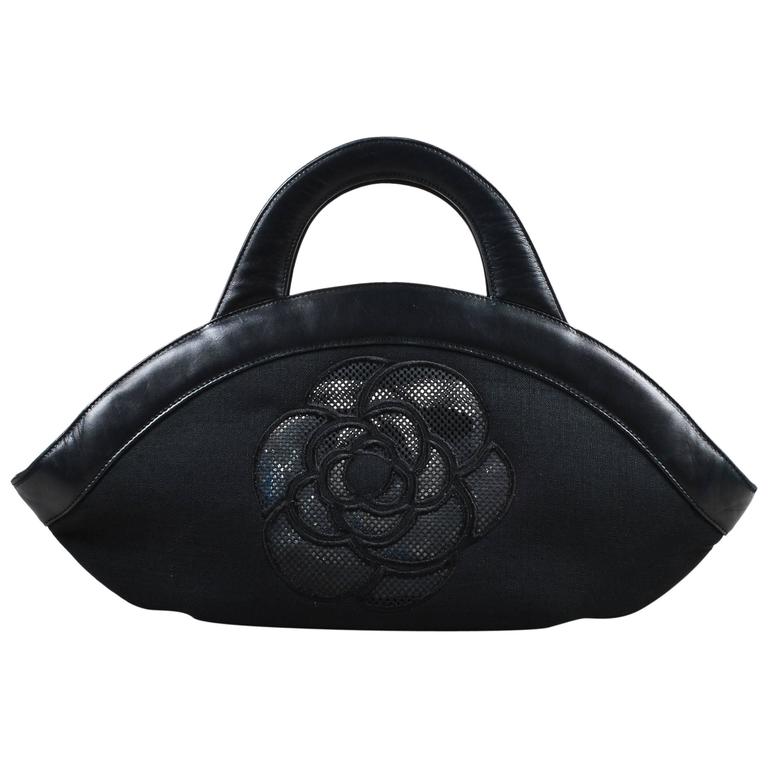 Chanel Black Canvas Leather Trim Camellia Flower and 'CC' Mesh Handle ...