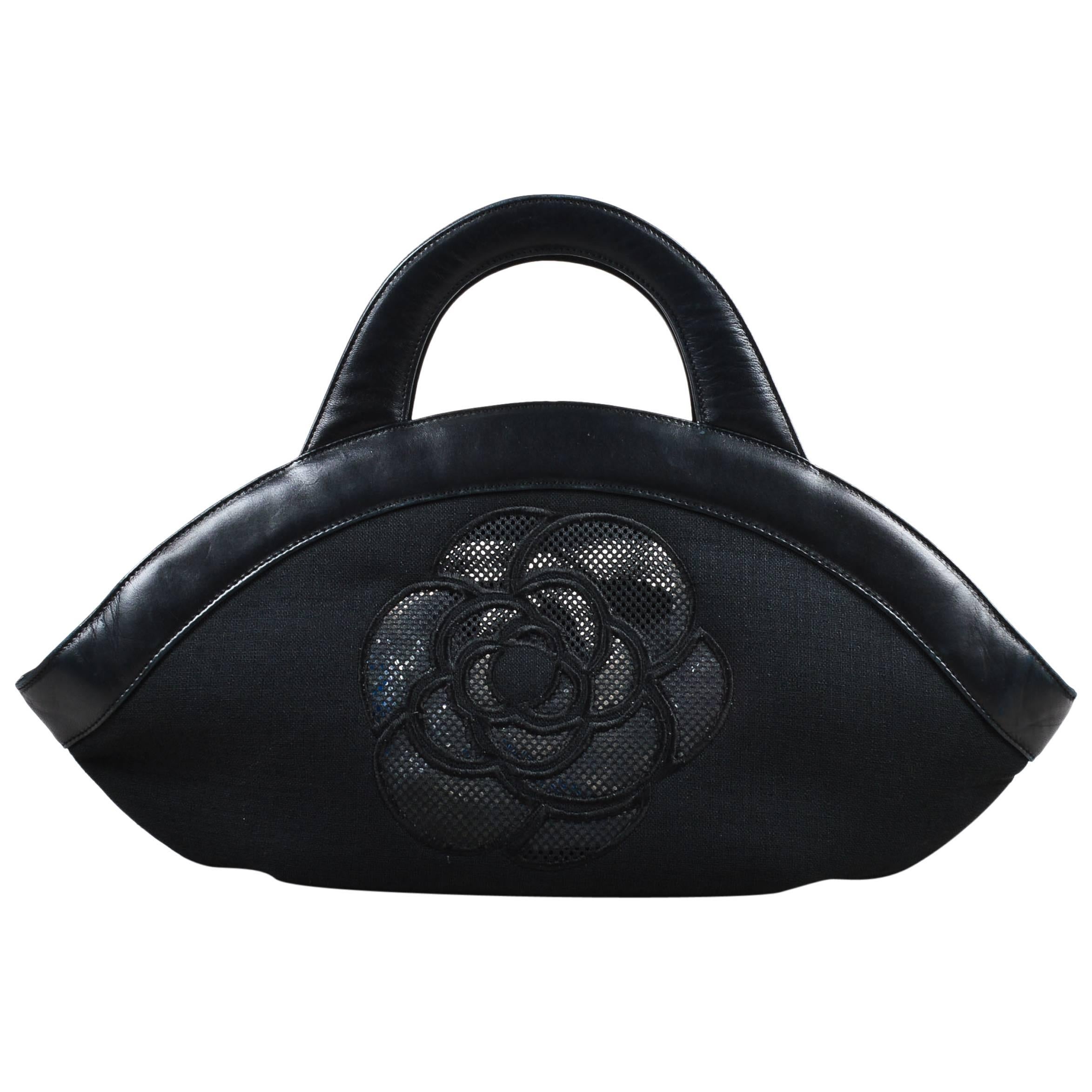 Chanel Black Canvas Leather Trim Camellia Flower & 'CC' Mesh Handle Bag For Sale