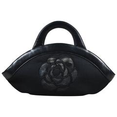 Chanel Black Canvas Leather Trim Camellia Flower & 'CC' Mesh Handle Bag