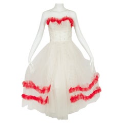 White and Silver Ballerina or Wedding Dress with Removable Red Trim – XS, 1950s