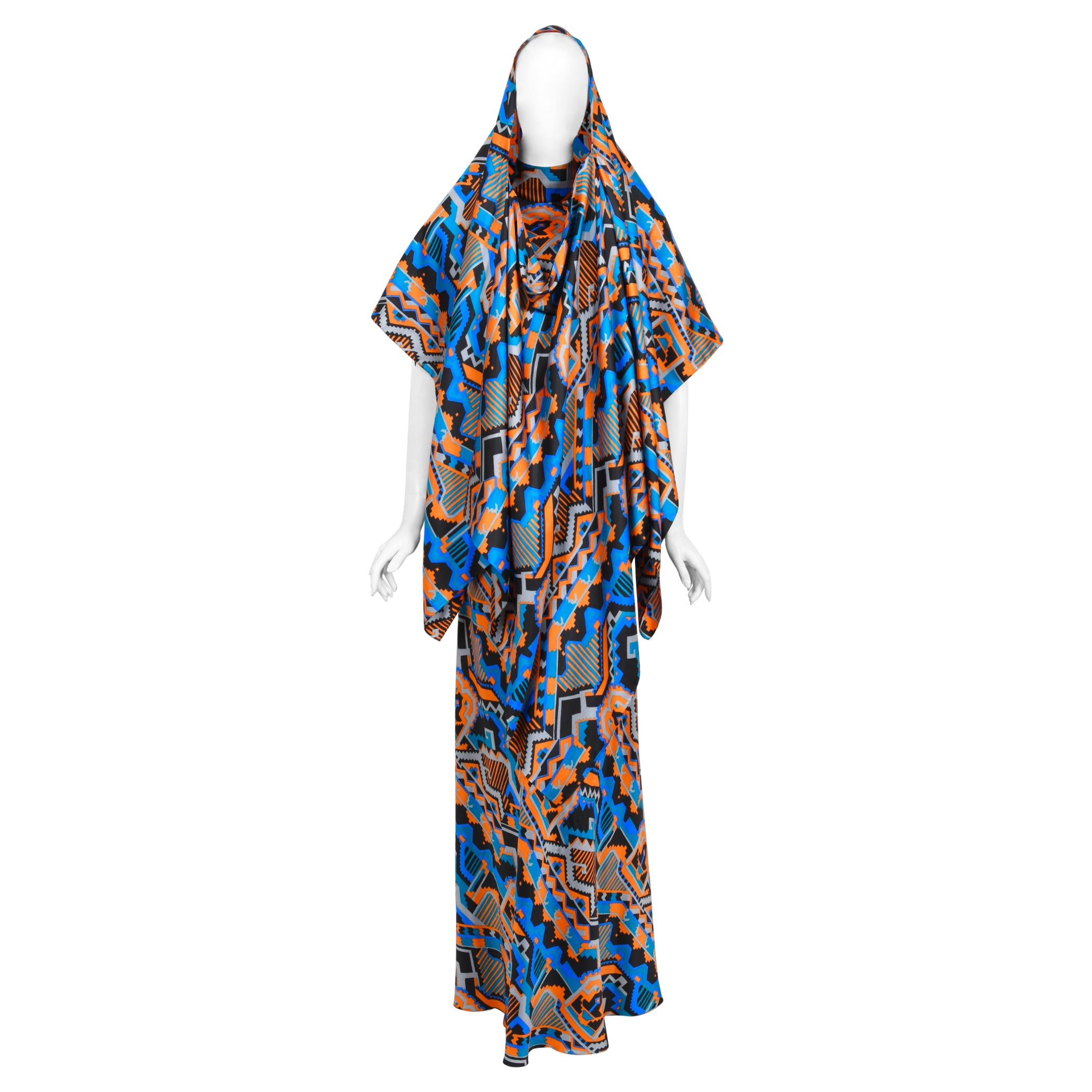 Vintage 1970's Madame Grès Haute Couture Graphic Print Silk Gown & Hooded Shawl For Sale