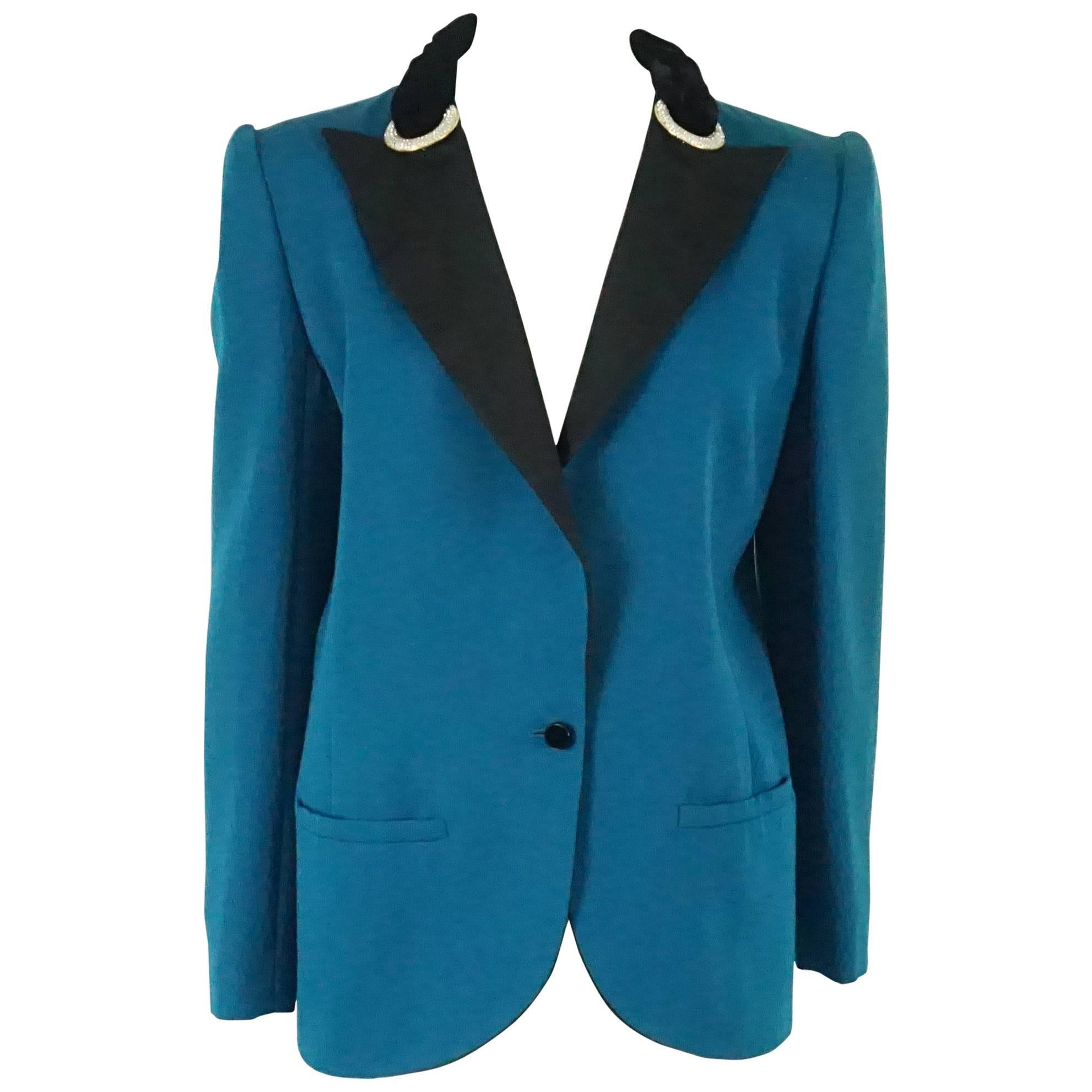 Türkisfarbene, leichte Jacke aus Wolle im Smoking-Stil von Valentino, 1980er Jahre, Größe 8