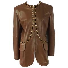 Valentino Boutique Brown Leather Jacket w/ Gold Grommet & Velvet lacing-S-90's