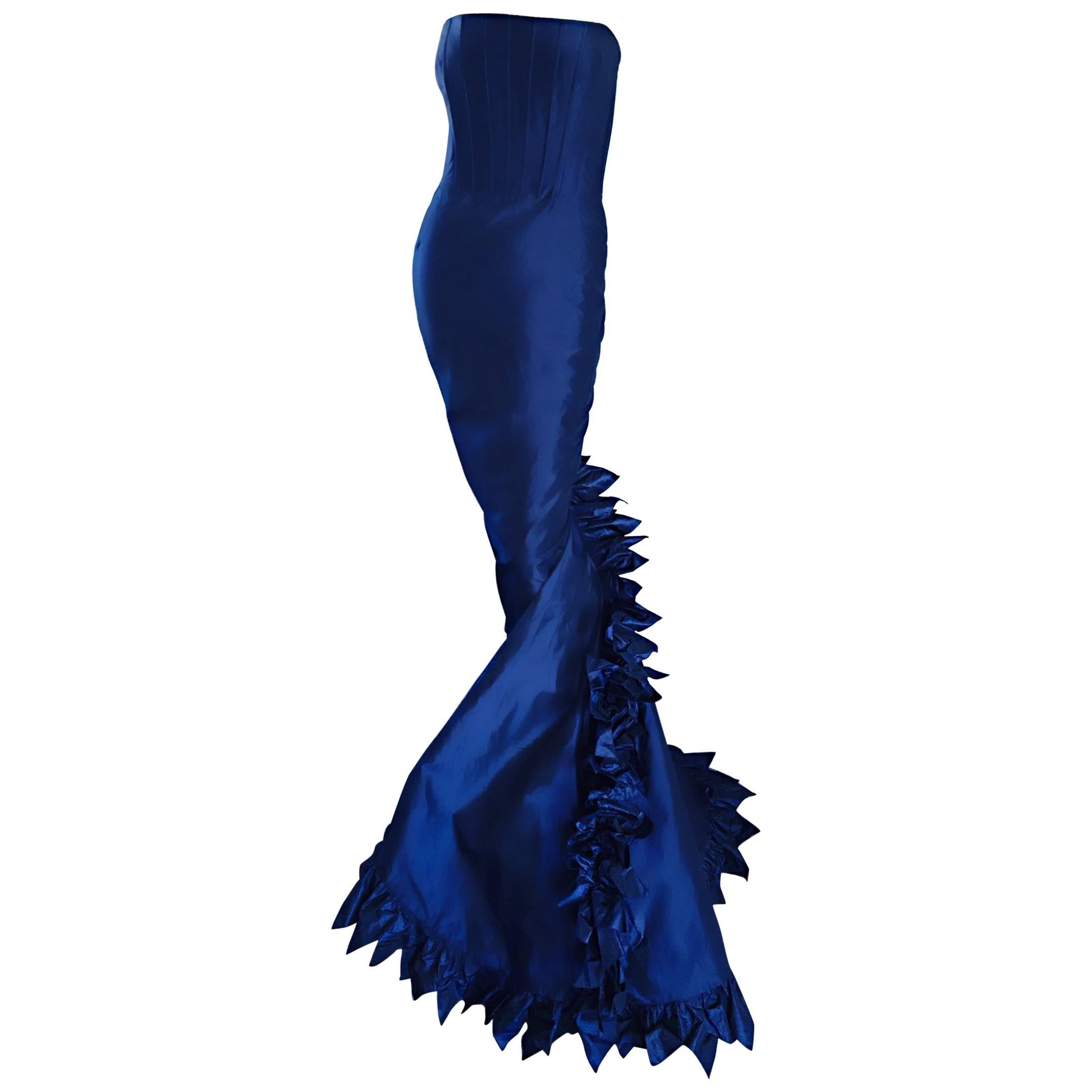 Exquisite Vintage Oscar de la Renta Navy Blue Silk Taffeta Dramatic Size 6 Gown
