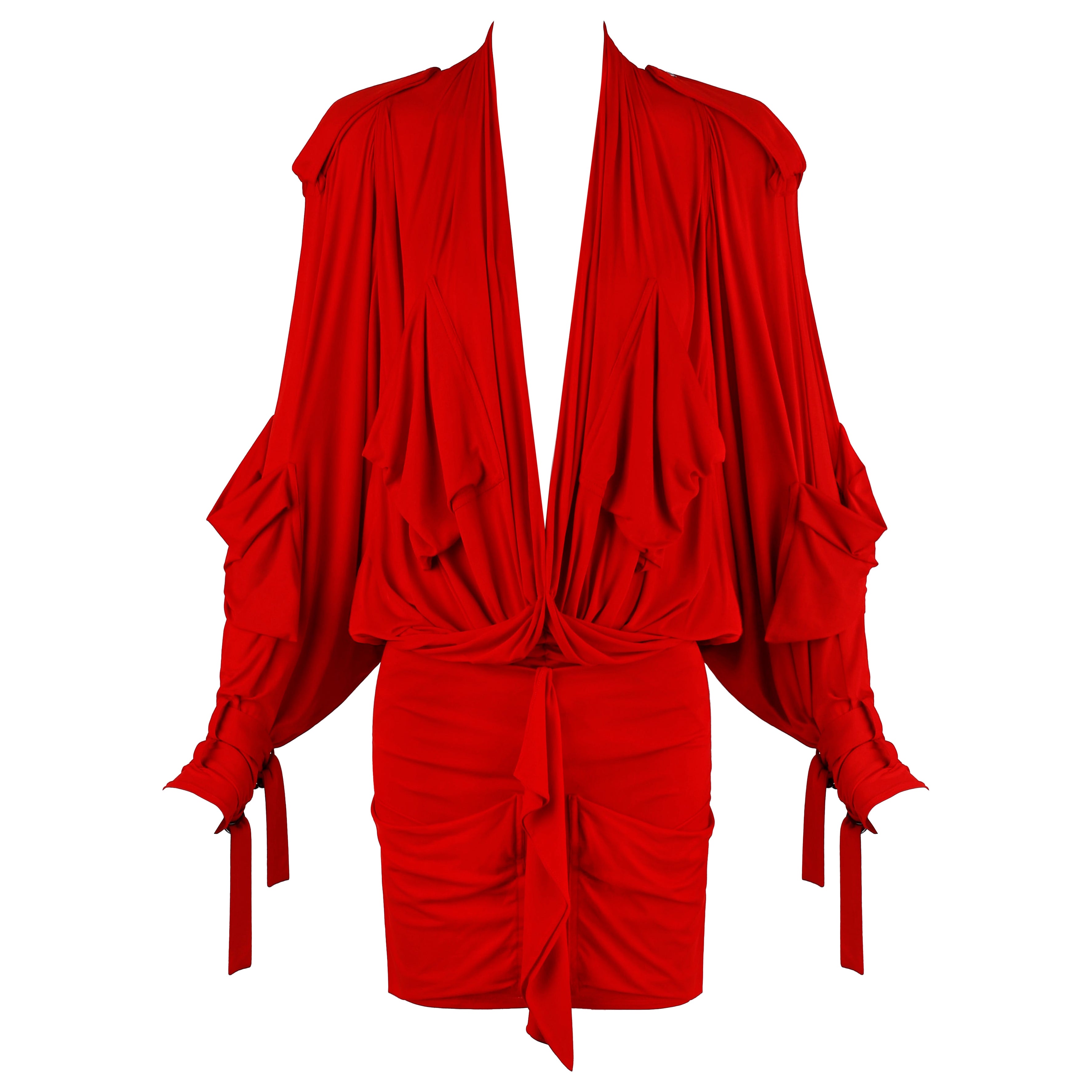 Christian Dior John Galliano S/S 2003 Red Plunge Draped Pocket Mini Dress For Sale