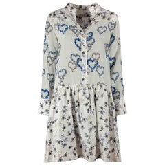 White & Blue Silk Floral Printed Mini Shirt Dress Size M
