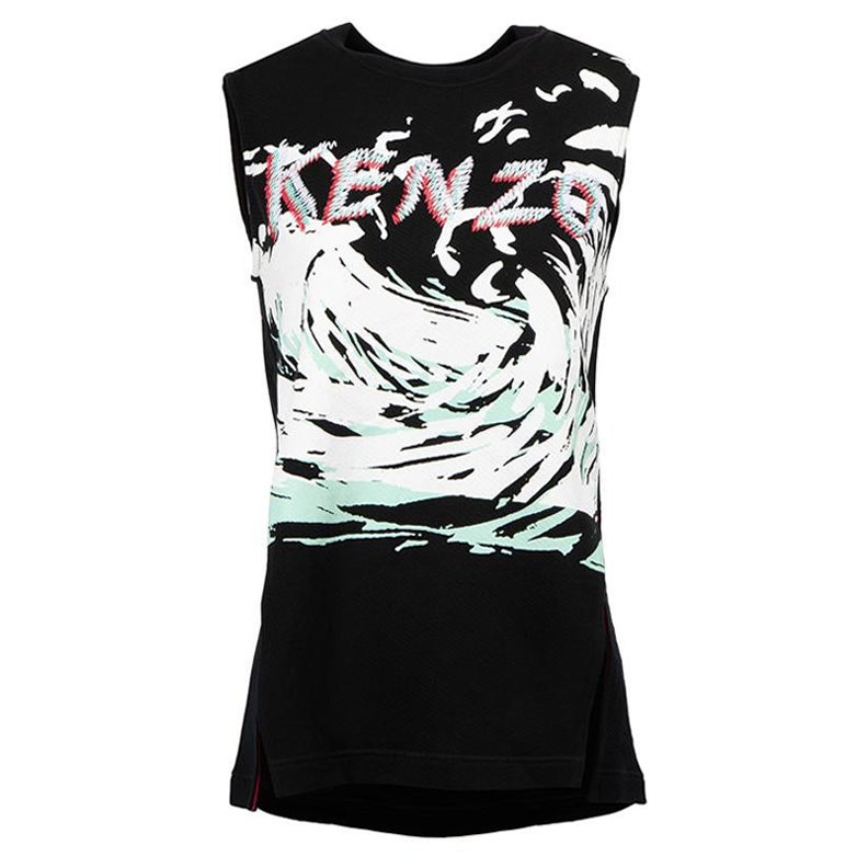 Black Logo Embroidered Waves Printed Sleeveless Top Size S For Sale