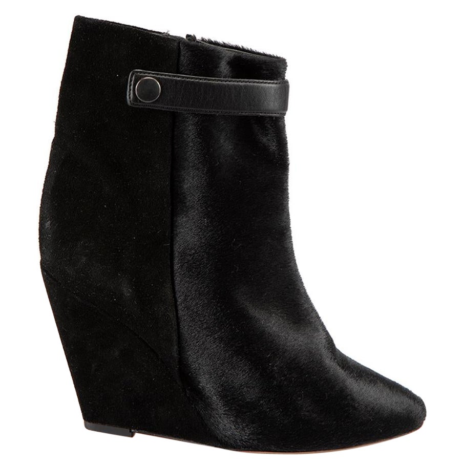 Black Pony Hair & Suede Wedge Boots Size IT 38 For Sale