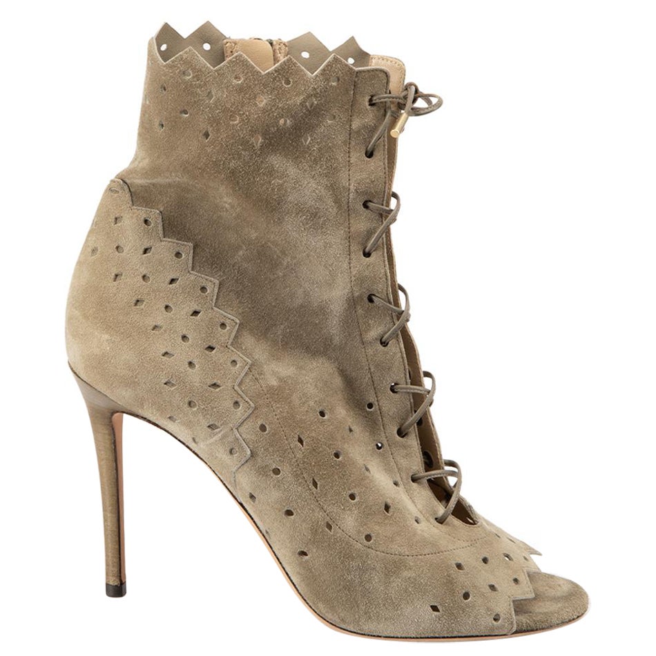 Taupe Suede Dei Laser Cut Open-Toe Booties Size IT 40 For Sale