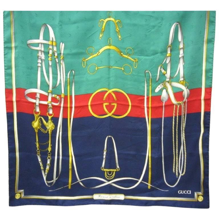 Vintage Gucci classic green red and navy with GG motif print silk scarf.