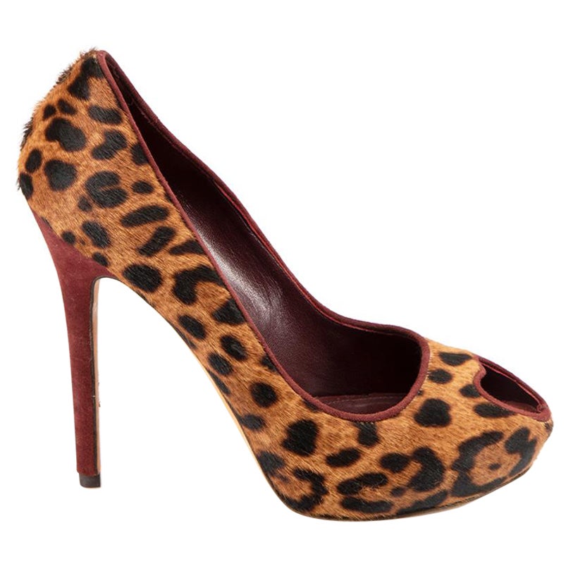 Brown Pony Hair Leopard Print Heels Size IT 37.5 For Sale