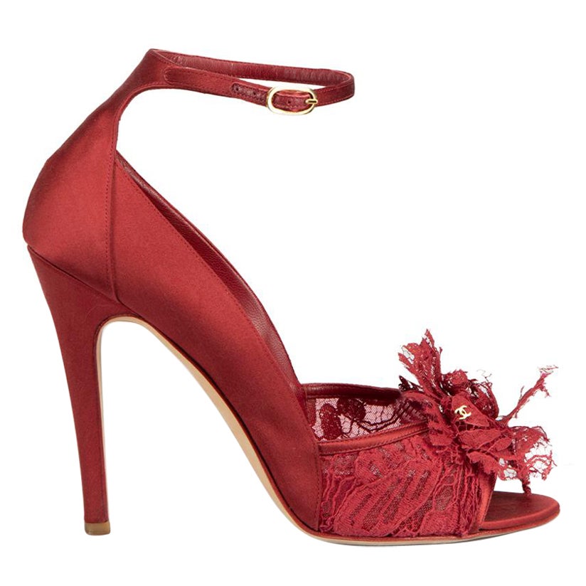 Red Silk Lace Camellia Ankle Strap Heels Size It 40