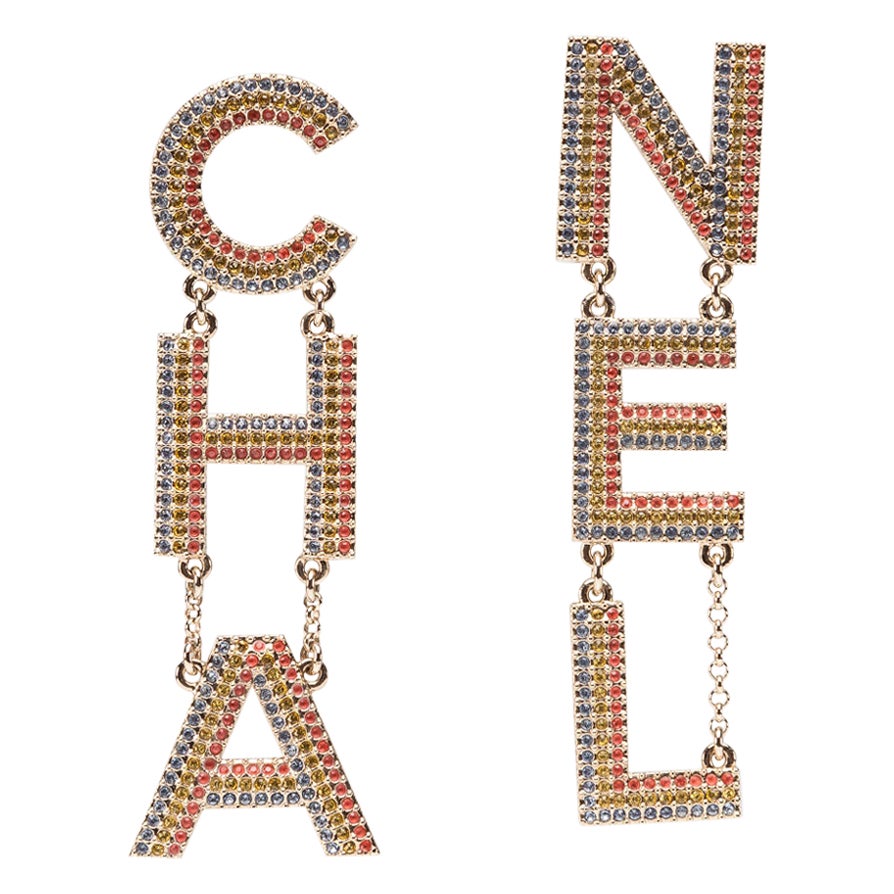 CHA-NEL Runway Logo Crystal Earrings Rare Rainbow Chanel For Sale