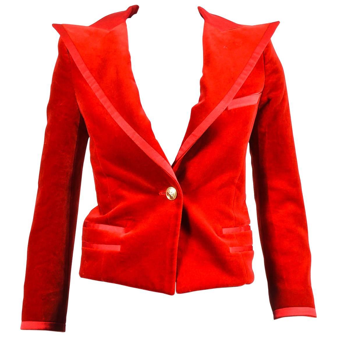 Balmain Red Velvet Satin Trim Gold Tone Metal Single Button Fitted Blazer Jacket For Sale