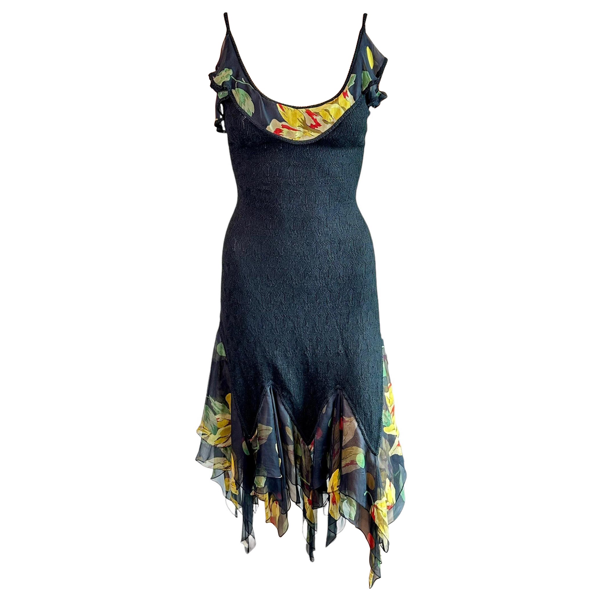 John Galliano S/S 2004 Sheer Lace Open Knit Floral Print Silk Ruffles Midi Dress For Sale