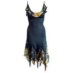 John Galliano S/S 2004 Sheer Lace Open Knit Floral Print Silk Ruffles Midi Dress