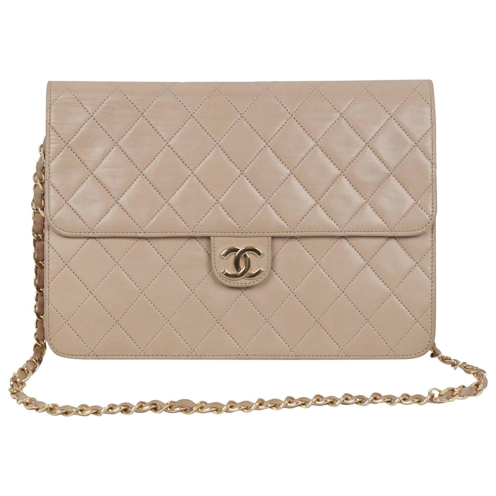 CHANEL Vintage Beige Leather QUILTED Classic 2 WAY FLAP Shoulder Bag