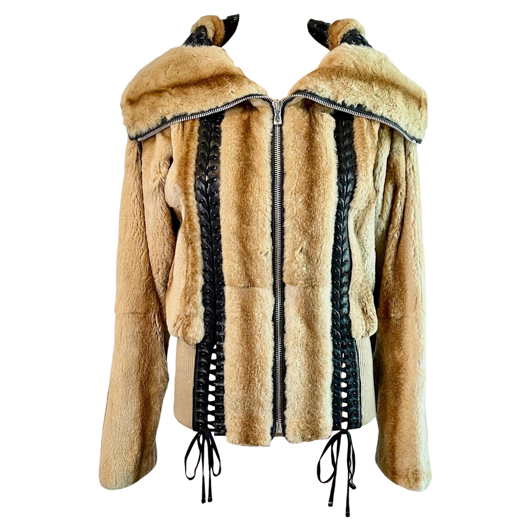 Dolce & Gabbana S/S 2003 Bondage Lace Up Weasel Fur Jacket Coat For Sale