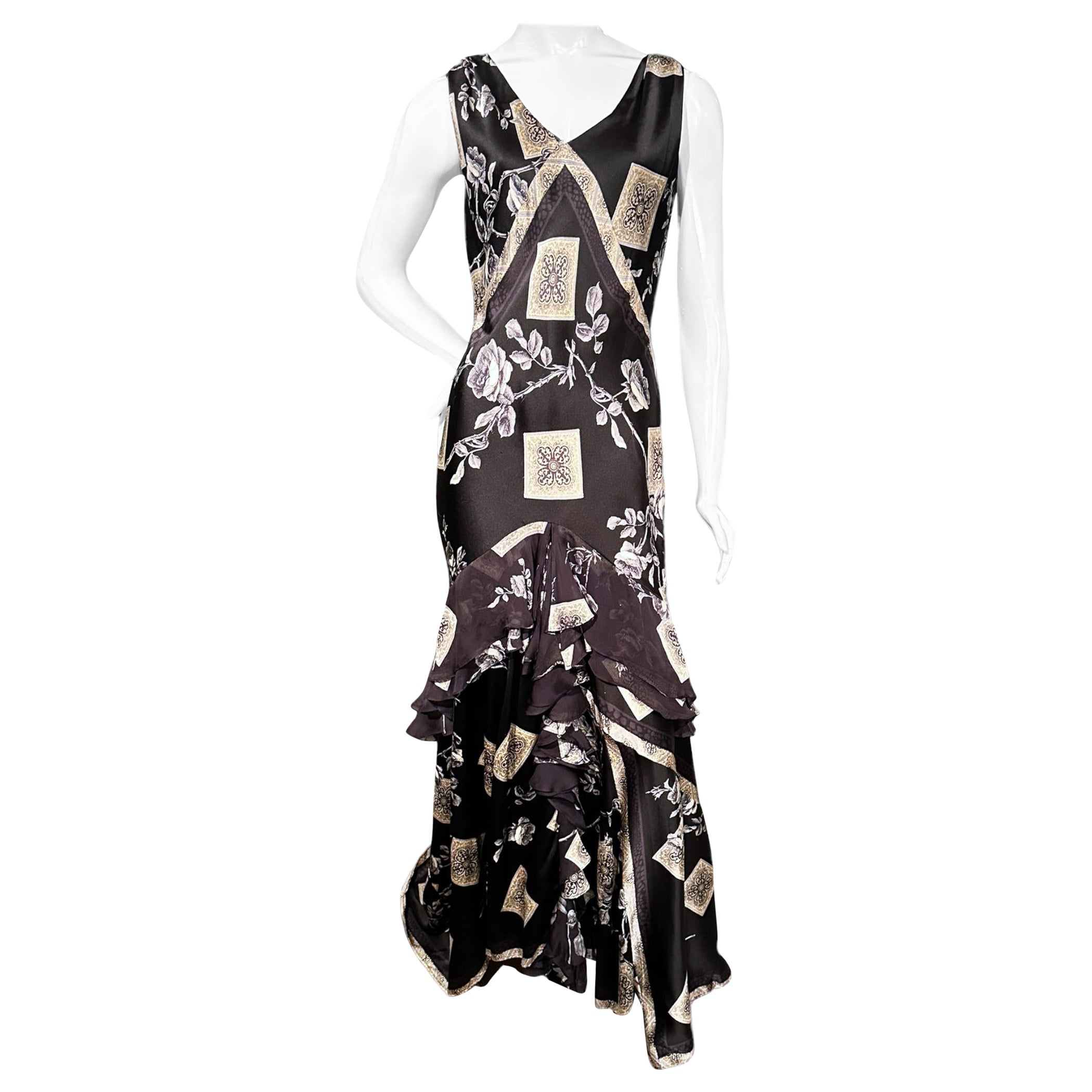 ICONIC FW 2005 Roberto Cavalli Chinoiserie Print Black and Gold Silk Bias Gown For Sale