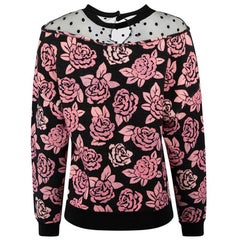 Rose Print Polkadot Mesh Neck Pullover Größe S