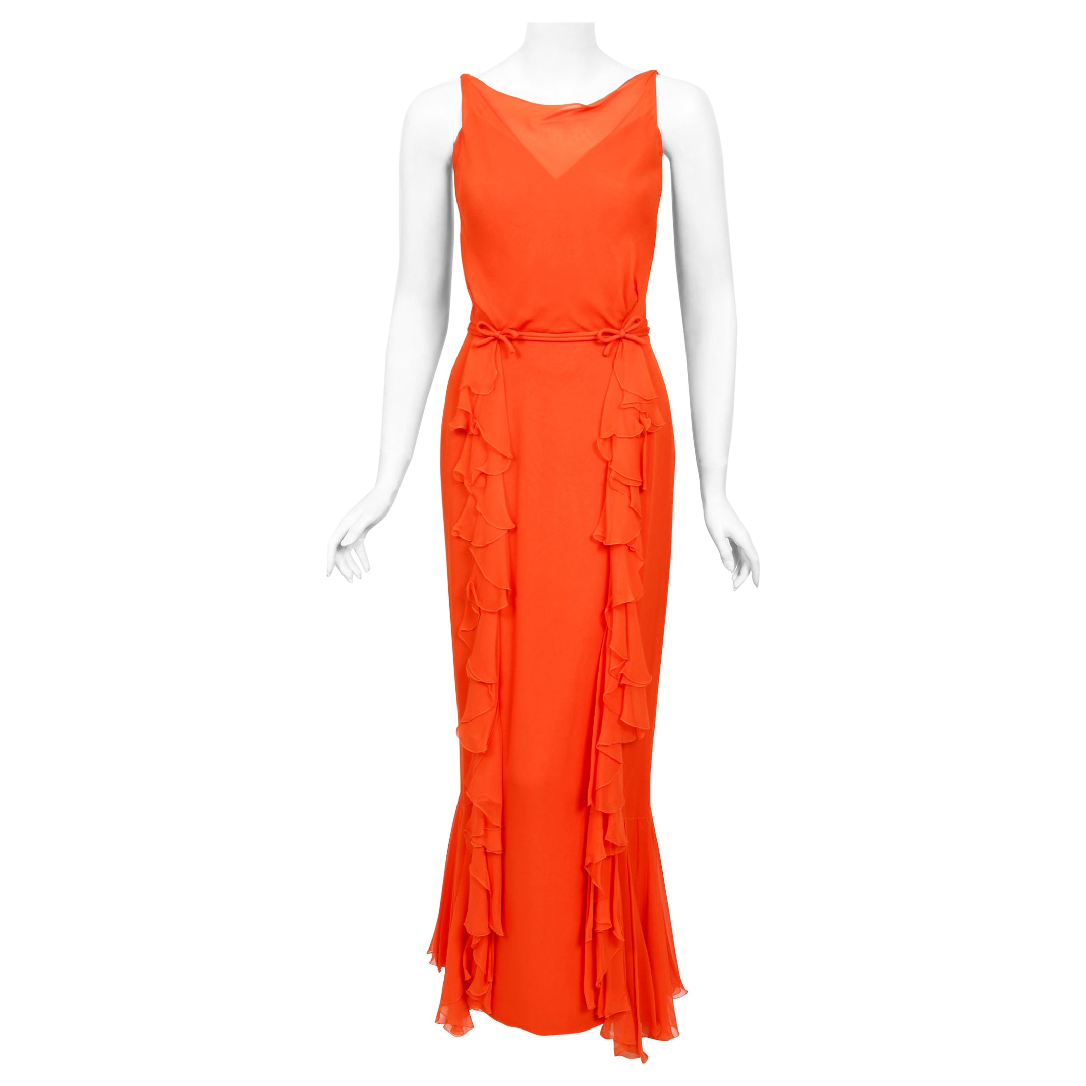 Vintage 1960's Helen Rose Couture Orange Silk-Chiffon Hourglass Ruffle Gown Set  For Sale