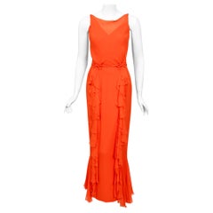 Vintage 1960's Helen Rose Couture Orange Silk-Chiffon Hourglass Ruffle Gown Set 