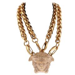 VERSACE GOLD DOUBLE CHAIN NECKLACE w/ CRYSTAL EMBELLISHED MEDUSA 