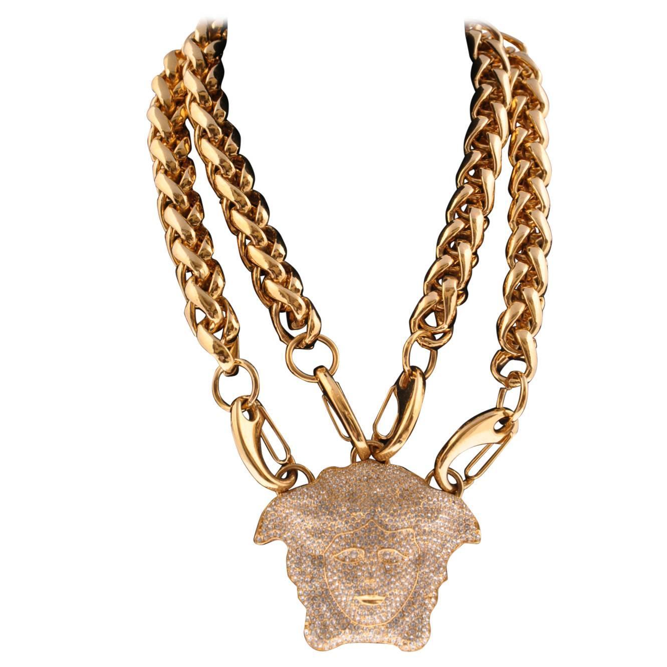 VERSACE GOLD DOUBLE CHAIN NECKLACE w/ CRYSTAL EMBELLISHED MEDUSA 