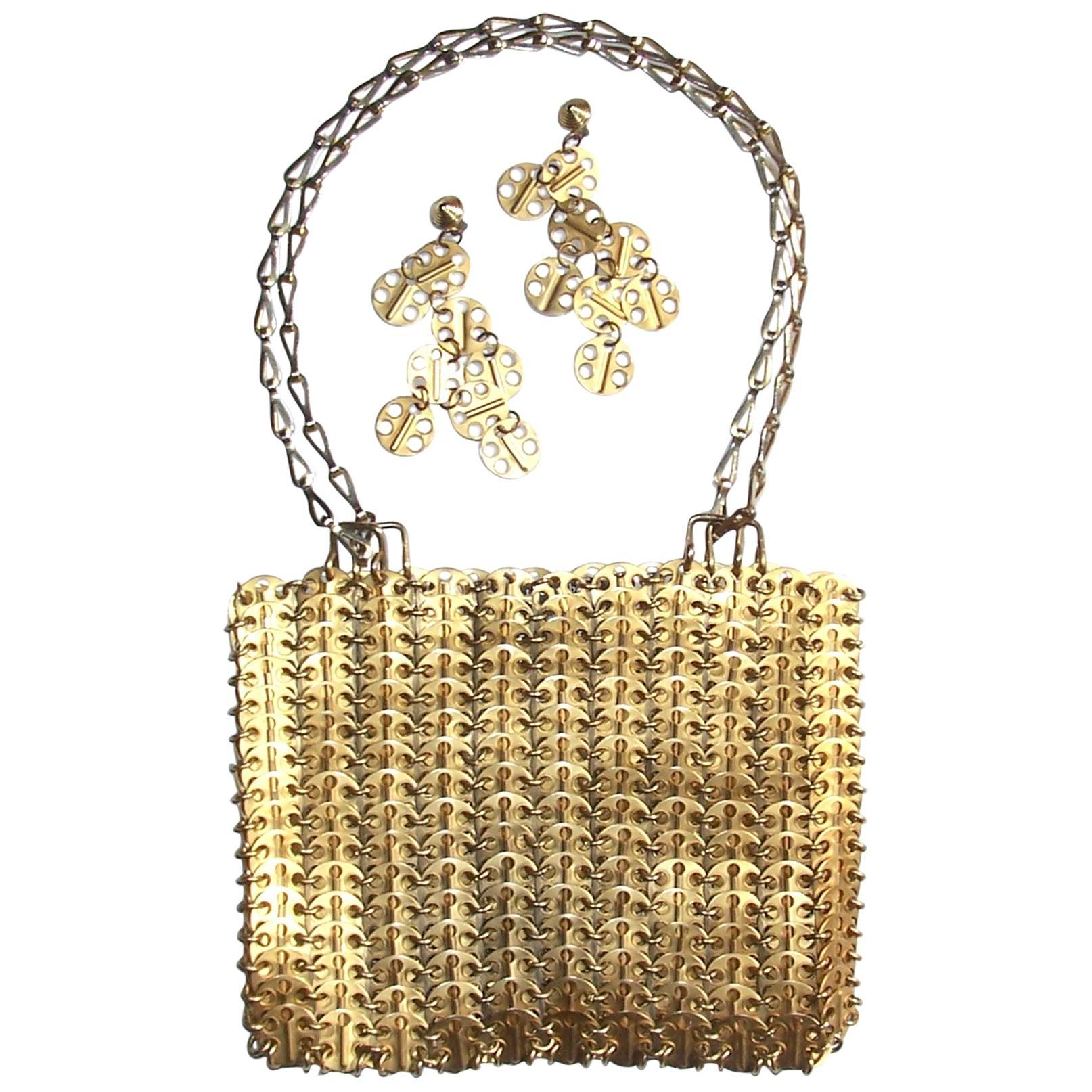 Iconic 1960's Paco Rabanne Space Age Gold Chain Mail Handbag & Earrings